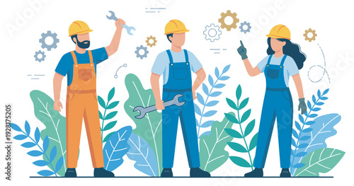 Diverse team of three industrial workers in yellow hard hats and overalls stand together with wrenches, surrounded by stylized gears and plant leaves in a flat vector illustration