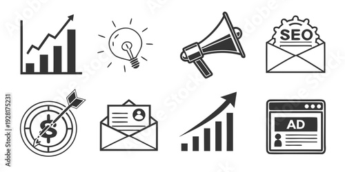 Icons representing various aspects of digital marketing and business growth strategies. Vector