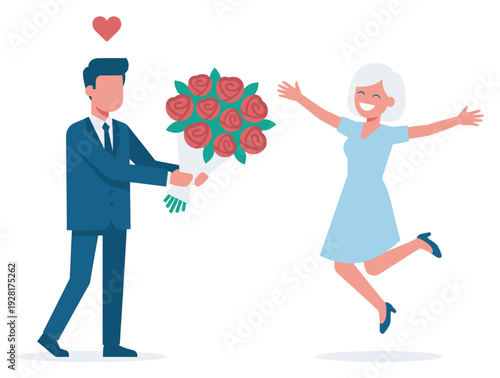 Romantic man in a blue suit gives a large bouquet of red roses to an excited woman jumping with happiness and open arms in a modern flat illustration