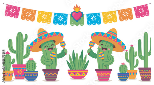 Two cheerful cartoon cacti in colorful sombreros play maracas in decorated pots under a festive paper banner for a vibrant holiday celebration