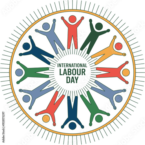 International labour day logo with colorful workers reaching upward for career achievement