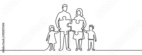 Continuous single line drawing of a family with parents holding two connecting puzzle pieces, symbolizing unity, teamwork, and relationships in a minimalist artistic style