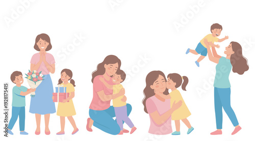 Collection of cute cartoon illustrations showing a mother and her children celebrating with gifts, hugging, kissing, and playing together in various heartwarming family scenes