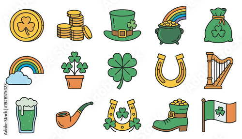 Colorful collection of St. Patrick's Day icons in a simple line art style, including a leprechaun hat, pot of gold, four-leaf clover, horseshoe, harp, and green beer