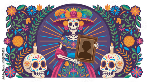 Female skeleton figure in a floral hat and traditional dress holds a framed portrait between two sugar skulls in a vibrant Day of the Dead illustration