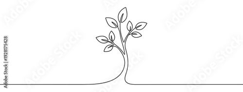 Small plant with several leaves drawn in a continuous single black line, representing concepts of growth, nature, and new beginnings in a minimalist artistic style