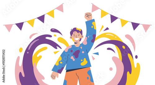 Happy young man covered in colorful paint splatters raises his arm in celebration during a vibrant festival of colors, depicted in a modern flat vector illustration style