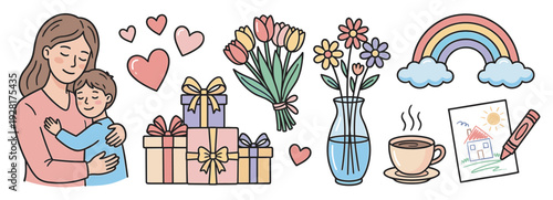 Charming collection of hand-drawn Mother's Day illustrations showing a loving mom and son, colorful gift boxes, flowers, hearts, and a child's drawing