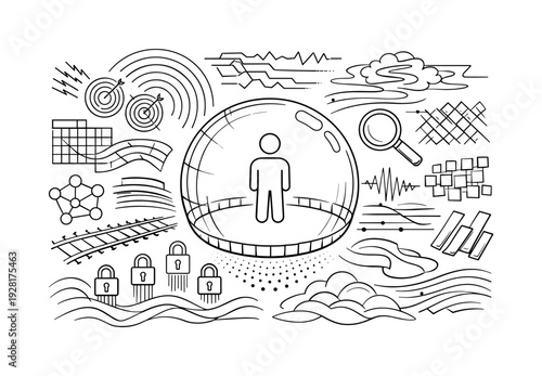 Line vector icons of a perception bubble shielding from real-world complexity: echo arcs, bias markers, filter-grid pads,