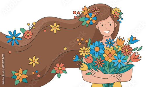 Smiling cartoon woman with long flowing brown hair decorated with colorful flowers holds a large vibrant bouquet in a cheerful flat vector illustration style