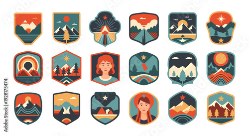 Stylized mountain badges evoke a sense of adventure and the outdoors. Ideal for branding, travel agencies, or eco-tourism marketing materials.