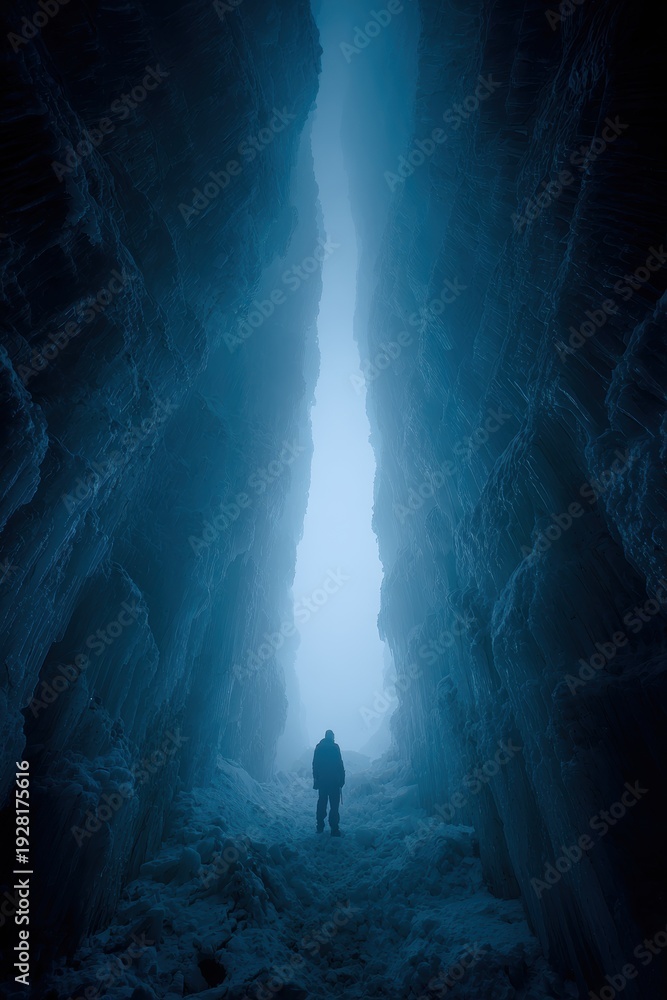 Fototapeta premium Winter season adventure exploration. A person standing in the middle of an ice cave, surrounded by towering ice formations. The person is illuminated by the light at the end of the tunnel.