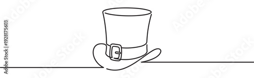 Leprechaun top hat with a buckle is drawn in a continuous single line style, creating a minimalist and modern illustration for Saint Patrick's Day celebrations