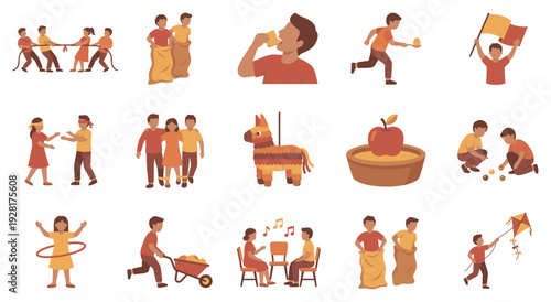 Outdoor party games and activities icon set with people playing tug of war, sack race, musical chairs, and blind man's buff in a warm-toned flat vector illustration style