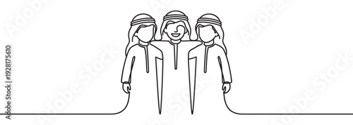 Continuous line drawing of three Arab men in traditional thobe and keffiyeh attire hugging, symbolizing friendship, brotherhood, and unity in a minimalist black and white illustration