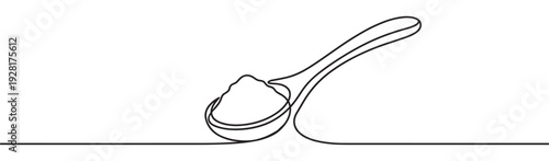 Spoon full of sugar or salt drawn in a minimalist continuous one-line art style, a simple black and white vector illustration representing cooking and ingredients