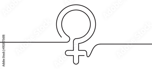 Continuous single line drawing of the female gender symbol representing feminism, womanhood, and empowerment in a minimalist black and white vector illustration style