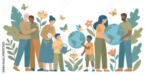 Diverse group of families and people caring for the planet, holding globes and watering flowers in a hopeful illustration about community, sustainability, and a green future