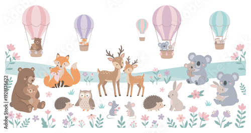Cute cartoon forest animal families collection featuring a bear, fox, deer, koala, owl, and rabbit with their babies in a whimsical pastel scene with flowers and hot air balloons