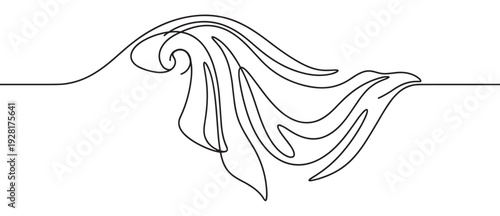 Continuous one line drawing of a large ocean wave with a cresting curl, rendered in a minimalist black and white style showing dynamic movement and the power of nature