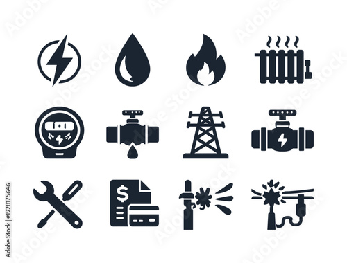 Solid vector icons of utility services: electricity, water, gas, heating, meter, pipeline, powerline, valve, substation,