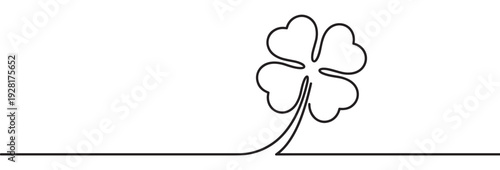 Four-leaf clover drawn in a continuous single black line with elegant heart-shaped leaves, a minimalist symbol of good luck, nature, and Saint Patrick's Day