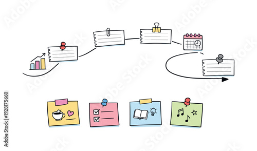 Milestone roadmap path, notebook strips as checkpoints, mini chart and calendar icons, pinned sticky notes for Study break