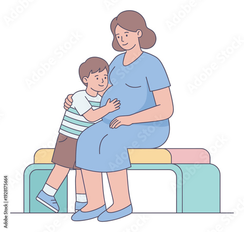 Pregnant woman and her young son sharing a tender moment as the boy hugs her belly while they sit on a bench, showing family love and expectation