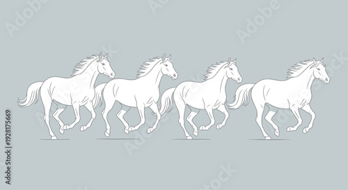 White Horses Running on Grey Background