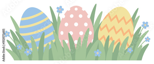 Three colorful decorated Easter eggs with stripe, polka dot, and zigzag patterns are hidden in lush green grass among small blue forget-me-not flowers for a festive hunt
