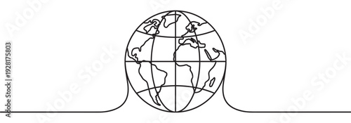 Single continuous line drawing of planet Earth as a globe with stylized continents and grid lines, representing global connection and minimalist design in a simple sketch style