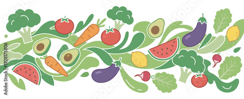 Colorful flat design illustration of vegetables and fruits like carrots, tomatoes, and avocados arranged in a dynamic horizontal composition with decorative green leafy swirls