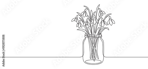 Continuous one line drawing of snowdrop flowers in a glass jar creates an elegant and minimalist floral composition, perfect for spring themes and delicate designs