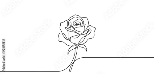 Single continuous line drawing of a beautiful rose flower with a stem in an elegant, minimalist style, representing love and romance in a modern artistic sketch
