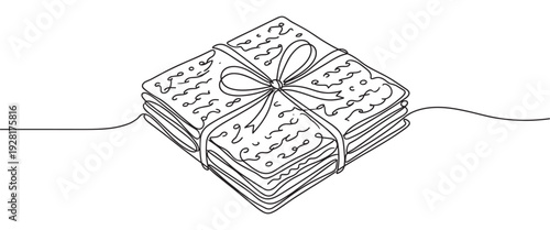 Stack of crackers tied with a ribbon bow in a continuous single line drawing style, a minimalist black and white illustration of a savory snack or gift for a celebration