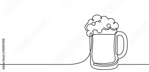 Beer mug with frothy foam drawn in a single continuous line art style, this minimalist black and white illustration has a simple, modern graphic design for a pub concept