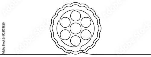 Black continuous line drawing of a film reel with a scalloped edge and circular holes, rendered in a minimalist, single-line art style for a simple and modern look