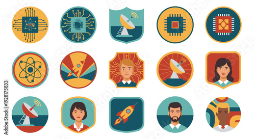 A clean, modern illustration featuring technology icons. Ideal for concepts related to communication, science, connectivity, and innovation in digital