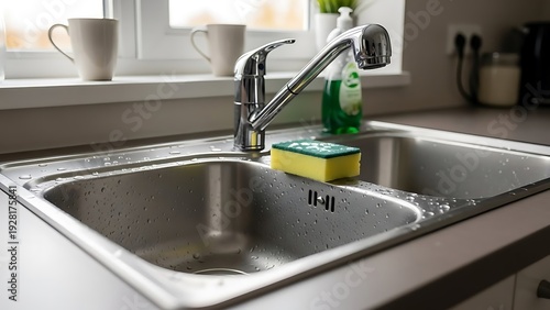 Wallpaper Mural Modern Kitchen Sink with Faucet and Sponge for Cleaning. Torontodigital.ca