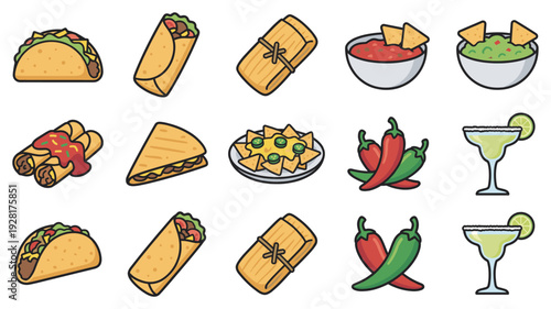 Collection of colorful cartoon Mexican food and drink icons featuring tacos, burritos, nachos, guacamole, salsa, tamales, and margaritas in a simple flat vector illustration style