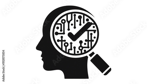A flat black vector silhouette icon of a magnifying glass inspecting an AI mask with a checkmark on a white background.