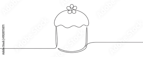 Single continuous line drawing of a sweet cupcake with icing and a delicate flower on top, rendered in a minimalist, clean, and elegant artistic style for a modern design