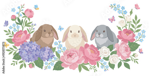 Three cute lop-eared bunnies sitting among a charming arrangement of pink peonies, hydrangeas, and roses with butterflies in a whimsical flat vector illustration style