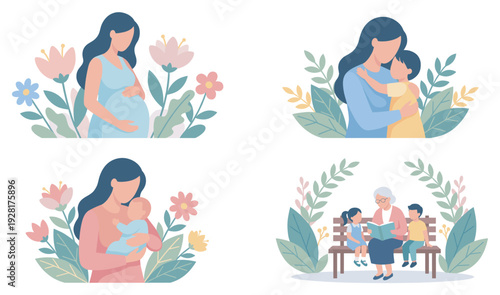 Set of four flat vector illustrations showing the stages of motherhood and family life, including pregnancy, a newborn baby, a mother's hug, and a grandmother reading to children