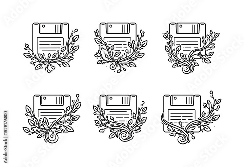 Line vector icons of floppy disk sprouting digital vines (organic code motifs): disk contour, sliding shutter hint, lattice vine,