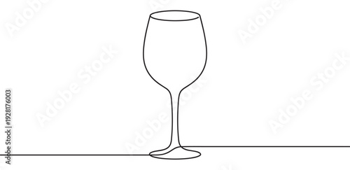 Empty wine glass drawn with a single continuous black line in a minimalist art style, creating an elegant and simple silhouette for a sophisticated graphic design element