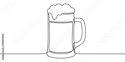 Beer mug with frothy foam drawn in a continuous single line art style, showcasing a minimalist and modern graphic illustration for a pub or brewery concept