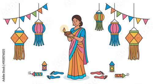 Smiling Indian woman in a sari holds a glowing diya oil lamp during a festive Diwali celebration with colorful lanterns, firecrackers, and traditional decorations