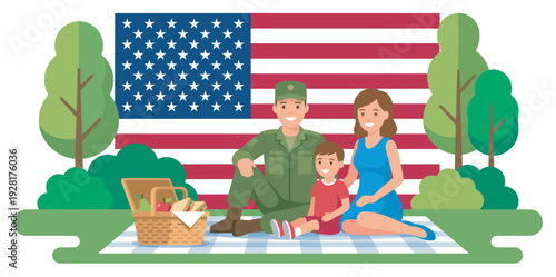 Happy military family with their son enjoys a summer picnic on a checkered blanket, a heartwarming flat vector illustration celebrating patriotism and togetherness