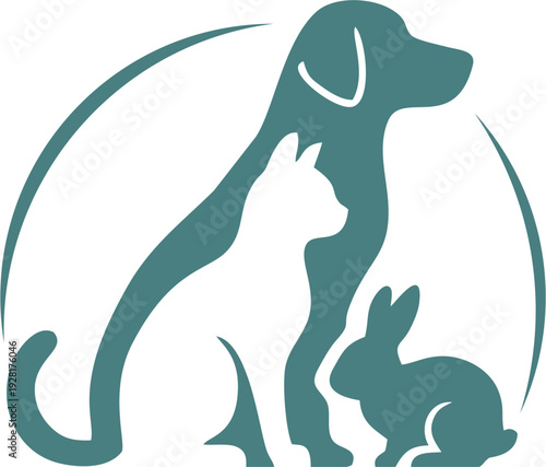 Stylized illustration of a dog, cat, rabbit and in green color
